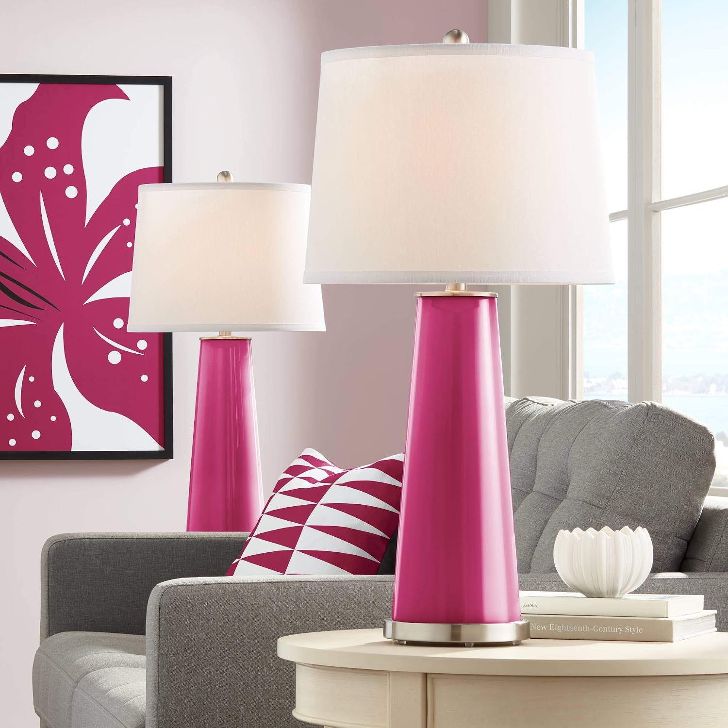 Color + Plus Leo 29 1/2' Tall Modern End Table Lamps Set of 2 Vivacious Pink Finish Glass Fabric White Shade Living Room Bedroom Bedside Nightstand House Office Family Reading Kitchen Entryway