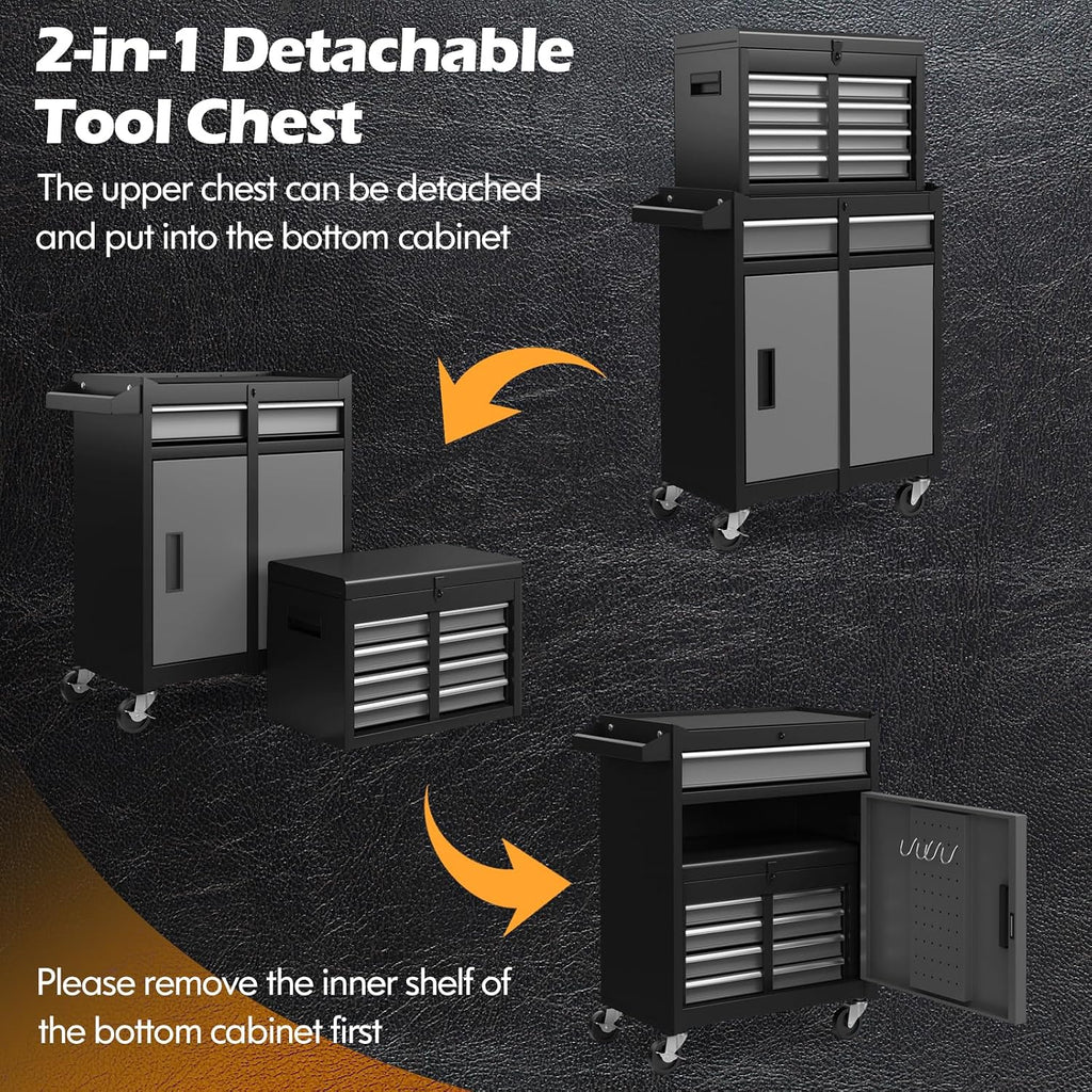 IRONMAX 5-Drawer Rolling Tool Chest, 2-in-1 Detachable Heavy Duty Tool Box Storage Cabinet with Auto Lock, Adjustable Shelf & Hooks, Metal Toolbox on Wheels for Garage Workshop (Grey)