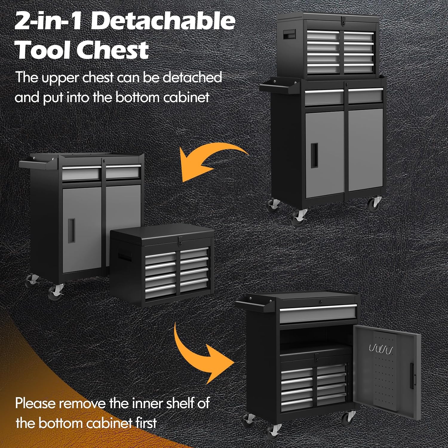 IRONMAX 5-Drawer Rolling Tool Chest, 2-in-1 Detachable Heavy Duty Tool Box Storage Cabinet with Auto Lock, Adjustable Shelf & Hooks, Metal Toolbox on Wheels for Garage Workshop (Grey)