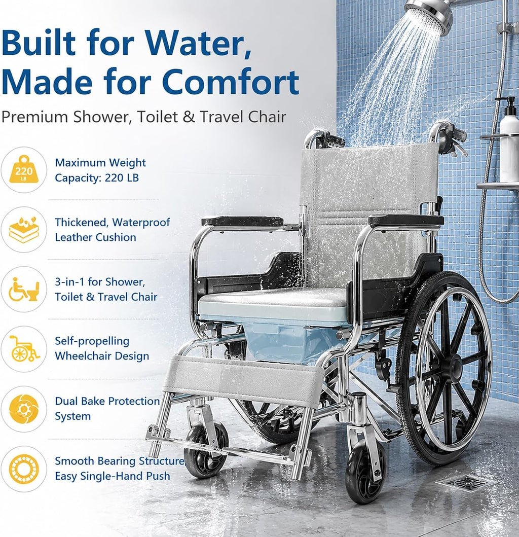 Shower Commode Wheelchair, 17in Width Seat Aluminum Alloy Bathroom Wheelchair for Inside Shower Bathroom Wheelchair Portable Self-Propelled Wheel Chairs for Adults Seniors
