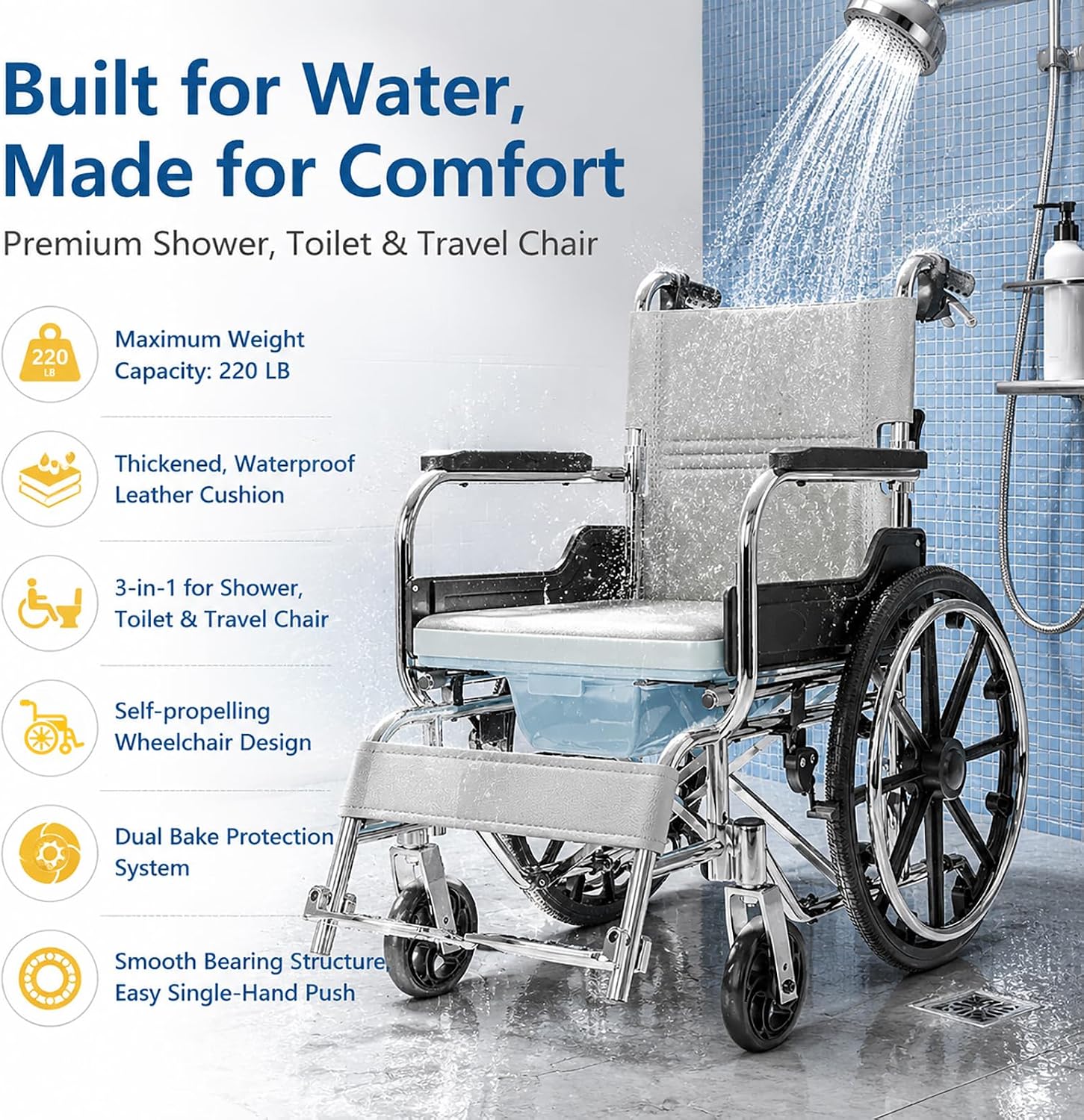 Shower Commode Wheelchair, 17in Width Seat Aluminum Alloy Bathroom Wheelchair for Inside Shower Bathroom Wheelchair Portable Self-Propelled Wheel Chairs for Adults Seniors