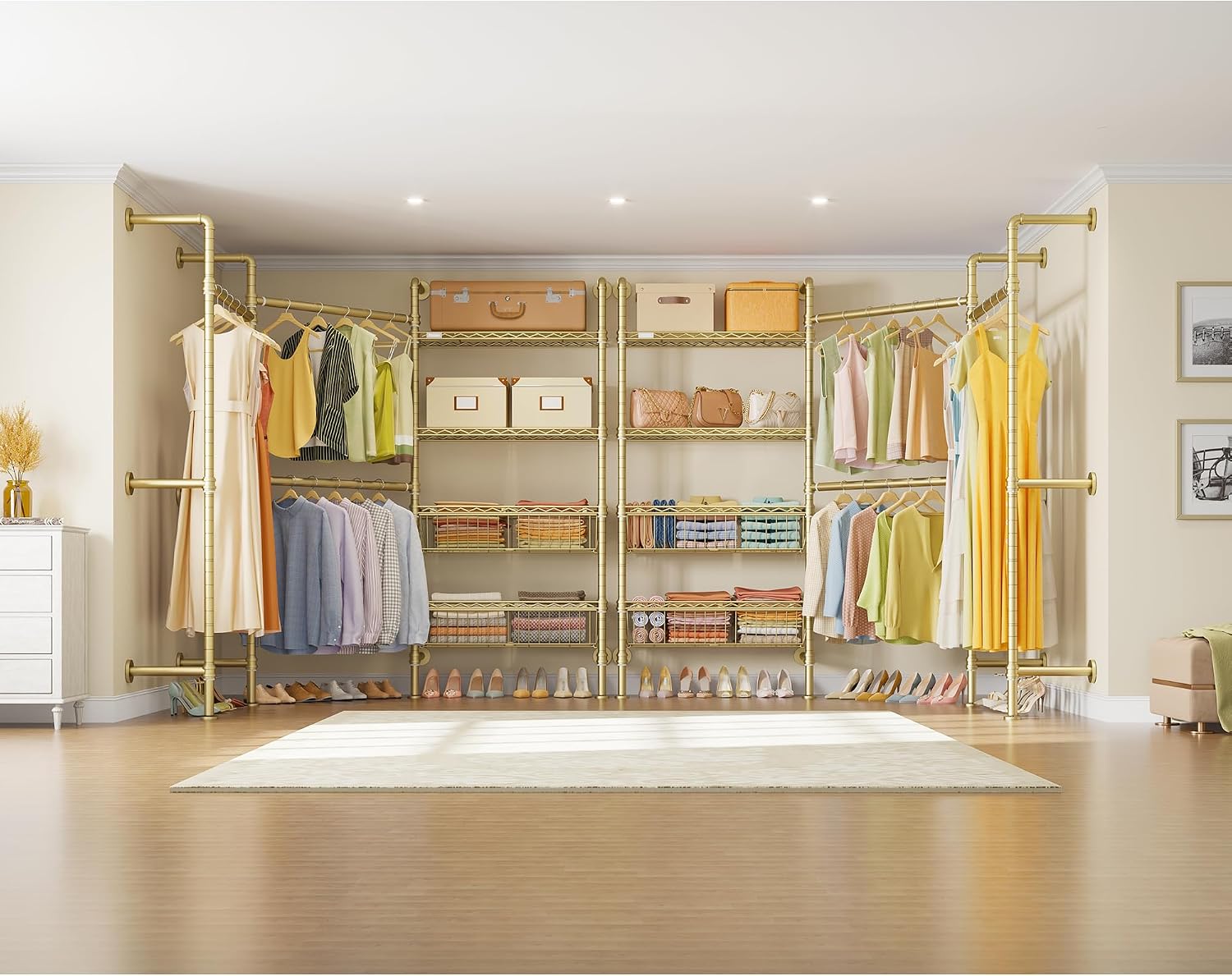 Timate X3 Expandable Heavy Duty Clothes Rack Wall Mounted Clothing Rack for Hanging Clothes, Industrial Pipe Closet System for Walk in Closet Kit, Wall Mount Clothes Rack with Basket, Gold Wall Closet