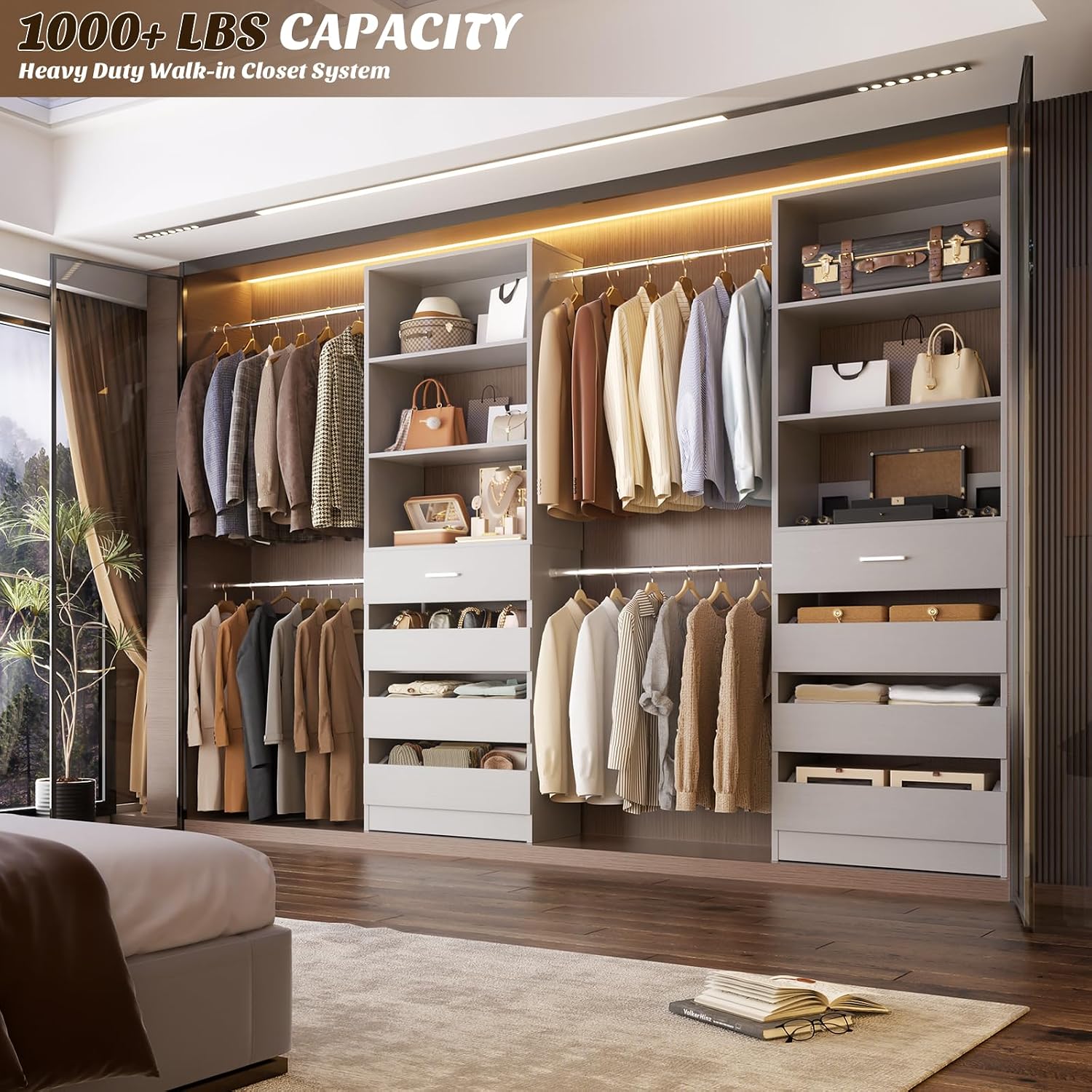 Aheaplus Closet System, 4-9Ft Closet Organizer with 4 Wooden Drawers, Wood Closet Organizer System with Tower, Walk-in Closet Organizer Wardrobe Garment Clothes Rack with 4 Hanging Rods, Grey
