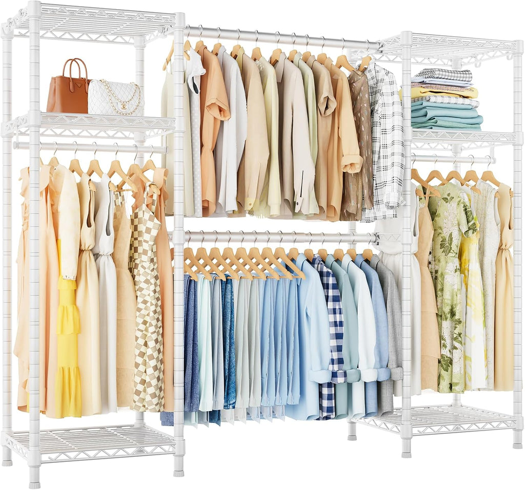 Ulif E7 Heavy Duty Garment Rack, Clothes Organizer and Storage Rack with Expandable Hangers, Metal Clothing Rack with 6 Wire Shelves, (52.3'-72') W x 14.5' D x 71.2' H, Load 838 LBS, White