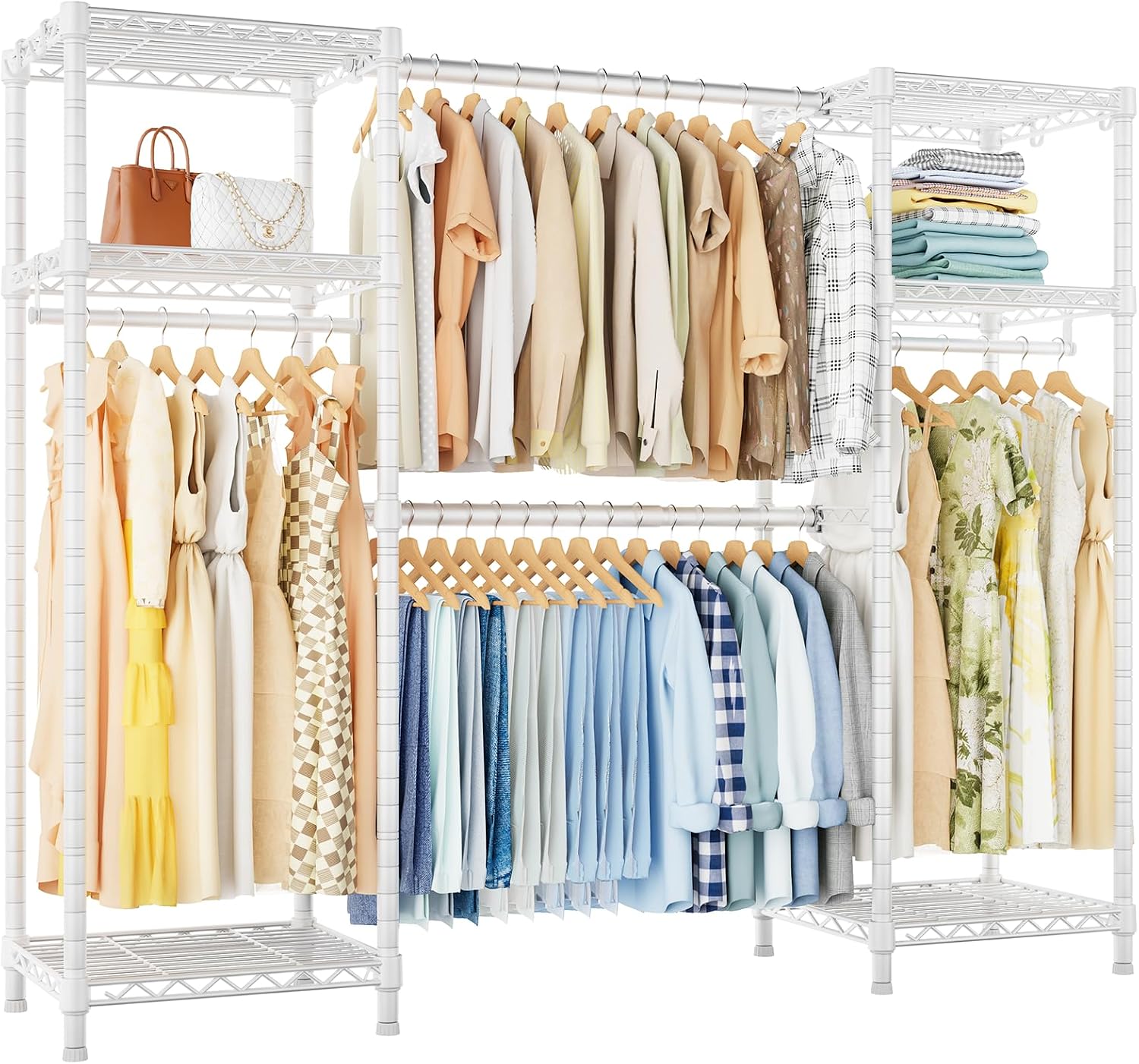 Ulif E7 Heavy Duty Garment Rack, Clothes Organizer and Storage Rack with Expandable Hangers, Metal Clothing Rack with 6 Wire Shelves, (52.3'-72') W x 14.5' D x 71.2' H, Load 838 LBS, White
