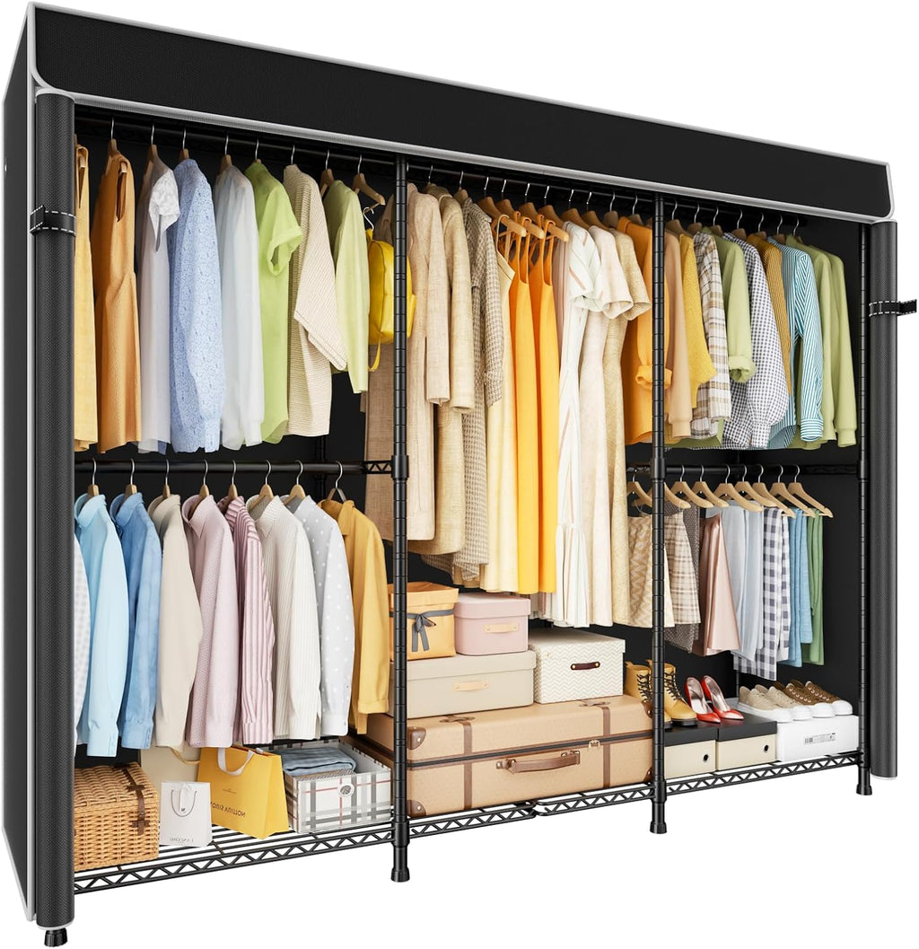 ULIFHOME E14C Pro Heavy Duty Closet Organizer System，Freestanding Clothing Racks for Hanging Clothes，Adjustable Garment Rack 69' W × 16' D × 77' H Hold 960 lbs，Black Rack with Black Dustproof Cover