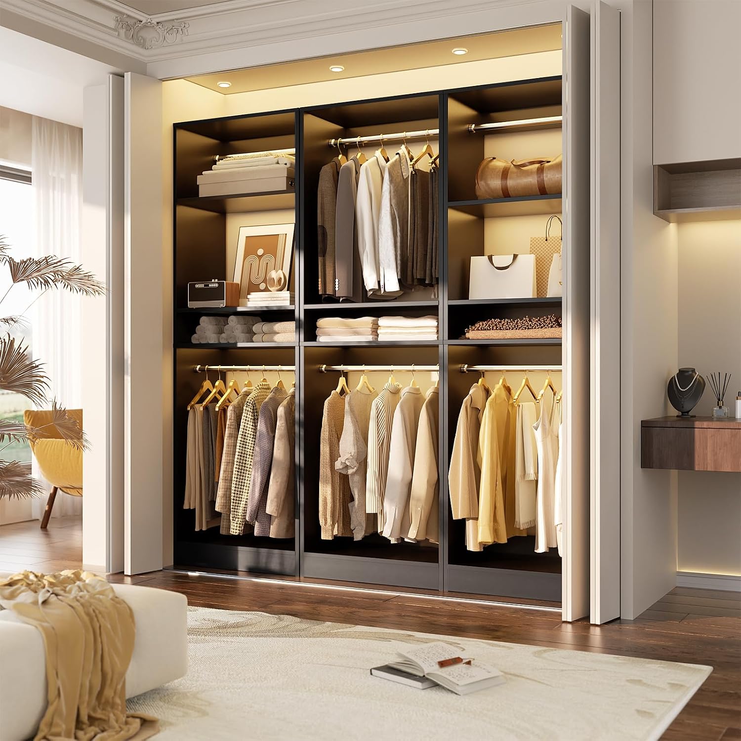 Unikito Freestanding Closet System, 25' Closet Organizer Wardrobe with Hanging Rod & Shelves, Adjustable Clothes Garment Rack, Sturdy Walk in Towers, Easy Assembly, 25' W x 16' D x 80' H, Black