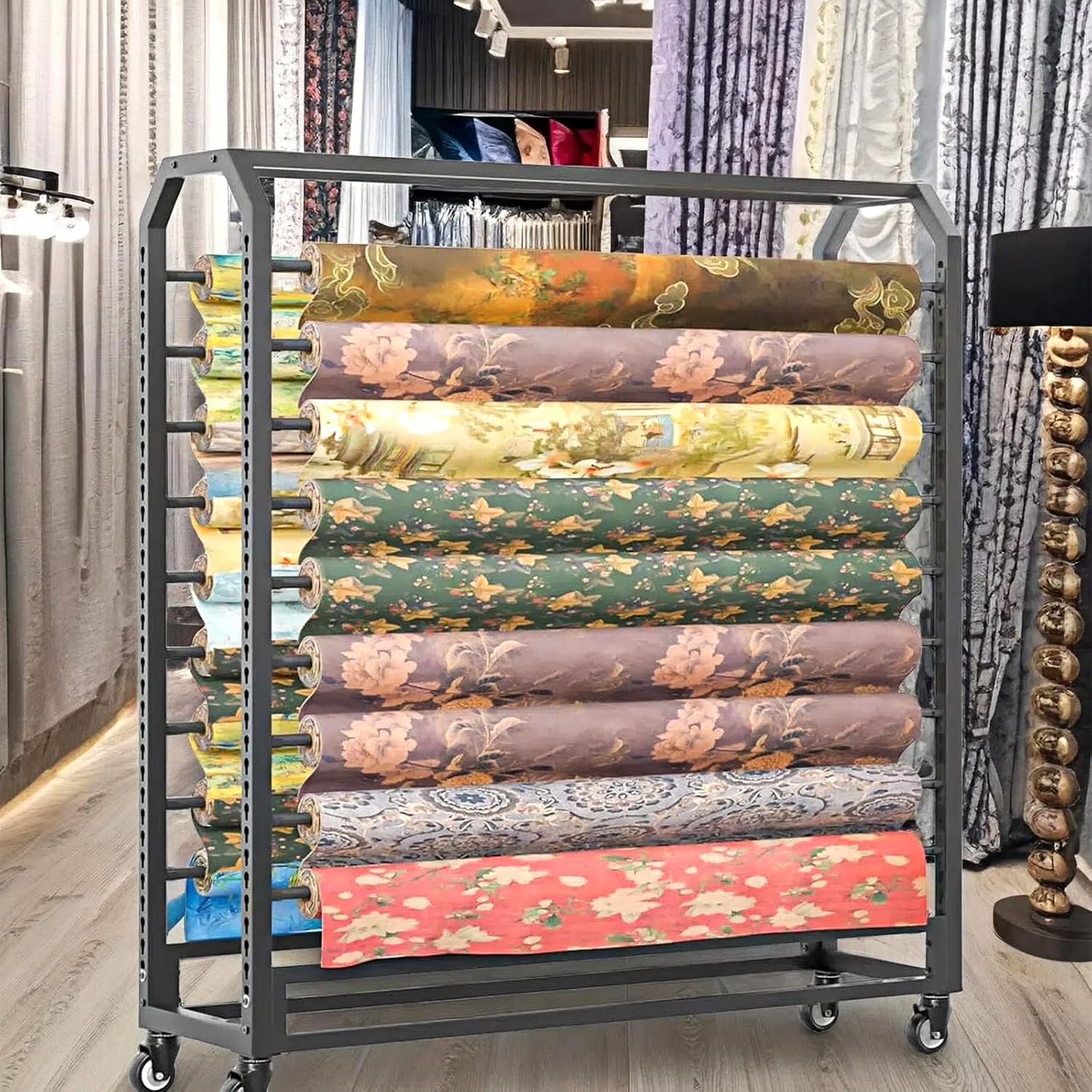 8 rods Commercial Fabric Roll Storage Rack, Large Textile Fabric Display Rack with Adjustable Hanging Rod, Movable Organizer Holder for Vinyl Roll/Leather Roll/Curtain Studio/Wallpaper (8 rods)