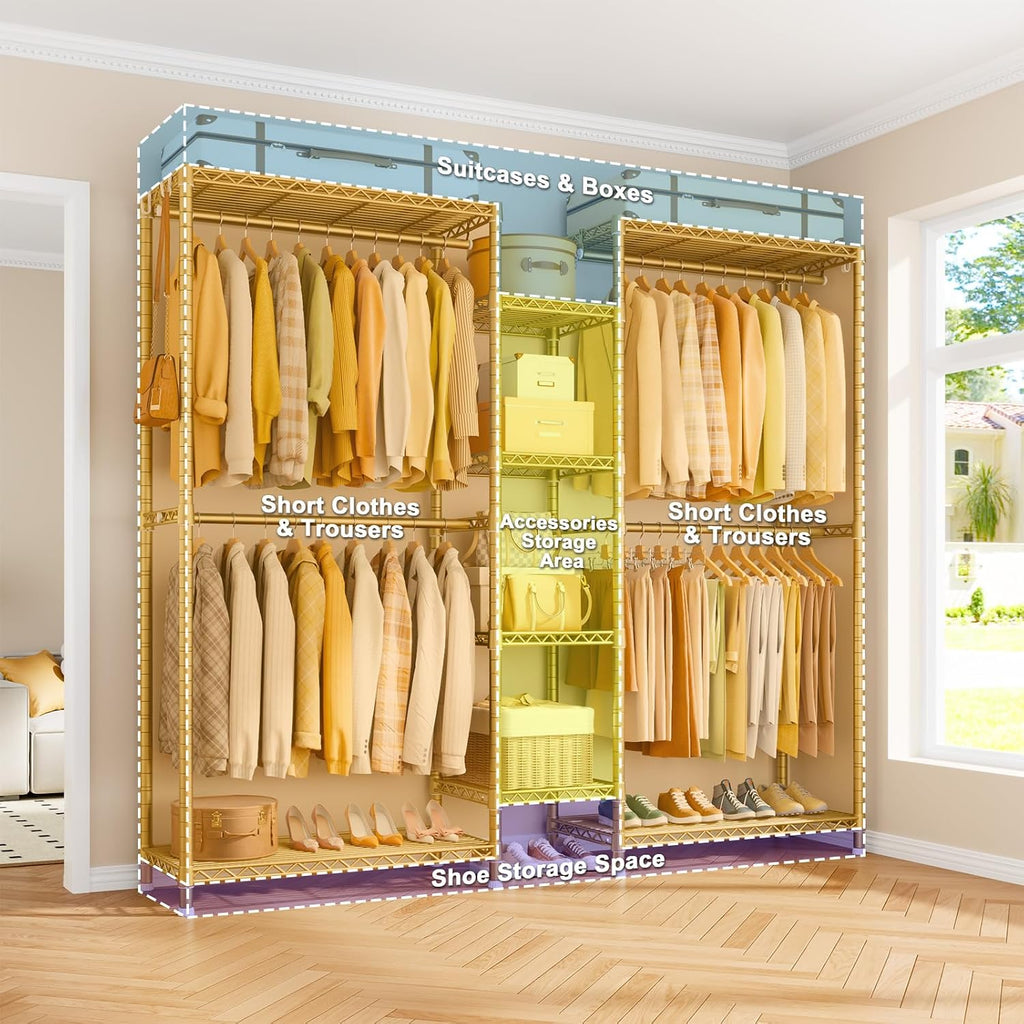 Ulif E4L Corner Clothes Rack, L Shaped Garment Rack, Heavy-Duty Freestanding Closet System with Shelves and Hangers, Max Load 962lbs, 42.7' W x 42.7' D x 79.3' H, Gold