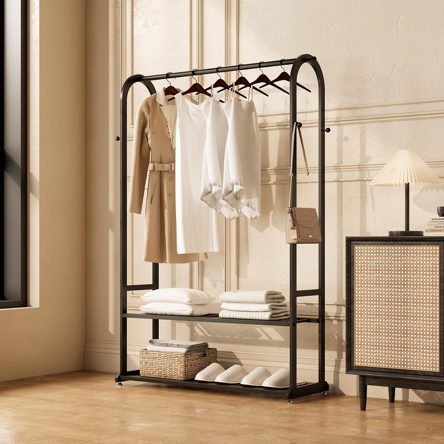 Sturdy metal clothes rack,Black freestanding clothing rack with bottom shelves and 6 side hooks,garment rack for hanging clothes,Modern wardrobe rack for Bedroom or cloakrooms