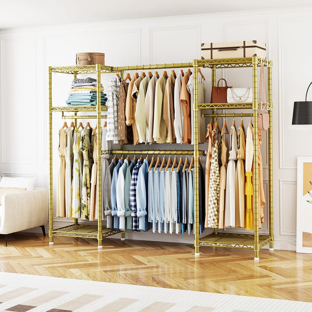 Ulif E7 Garment Rack, Heavy Duty Clothes Storage System with Extendable Hangers Rods, Metal Clothing Rack with 6 Wire Shelves, (52.3'-72') W x 14.5' D x 71.2' H, Load 838lbs, Gold