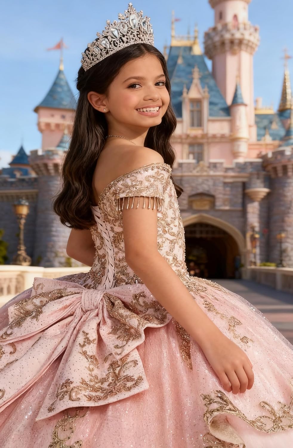 Gold Applique Flower Girl Dress with Tassels Crystal Girls Ball Gown Dresses Off Shoulder Girls Pageant Dress with Bow