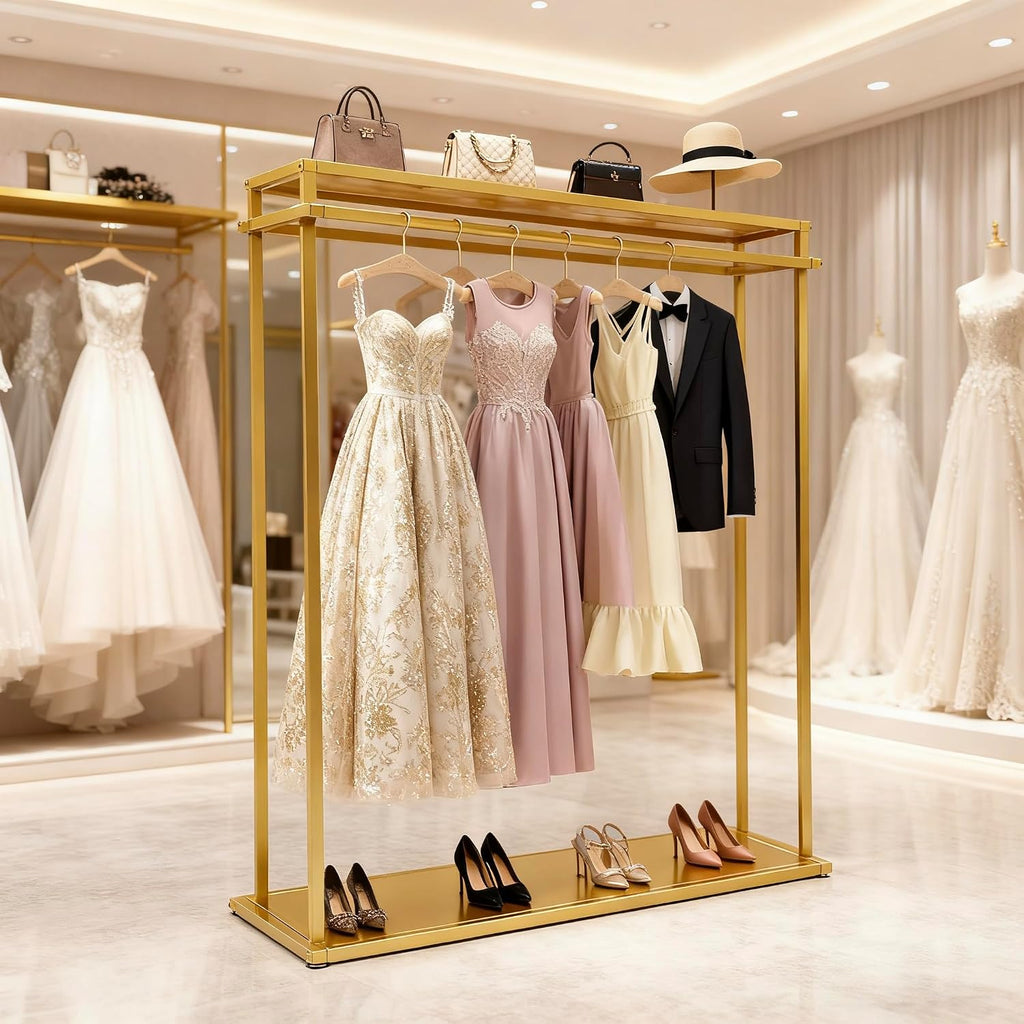 Retail Clothes Display Wedding Dress Rack Heavy Duty Metal Gold Garment Rack, Clothing Store Studio Boutique Racks for Hanging Long Dresses Wedding Dress Commercial Floor-Standing Shelves 67 inch
