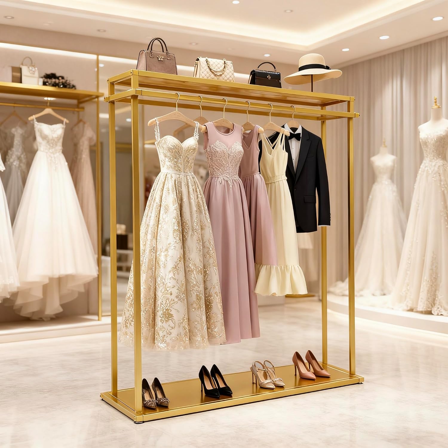Retail Clothes Display Wedding Dress Rack Heavy Duty Metal Gold Garment Rack, Clothing Store Studio Boutique Racks for Hanging Long Dresses Wedding Dress Commercial Floor-Standing Shelves 67 inch