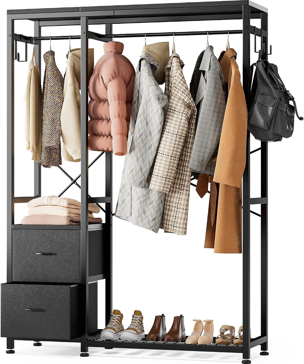 Lulive Clothes Rack with 2 Rods, Shelves, Drawers & Hooks, Garment Rack | Clothes rack with 2 hanging rods (50lbs each), 2 shelves, 2 fabric drawers & 4 hooks. 300lb total capacity. Fits small spaces