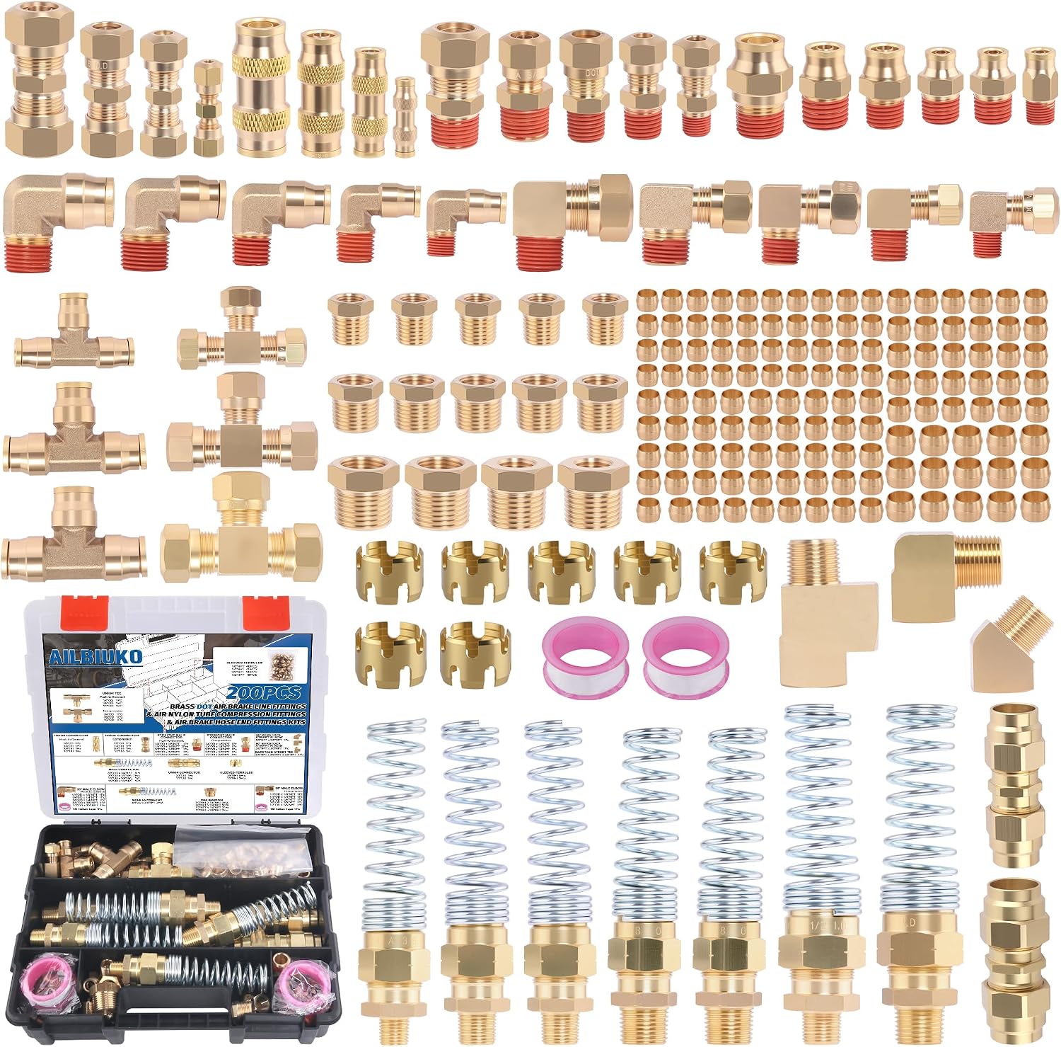 200 Pcs Brass DOT Air Brake Line Fittings & Air Nylon Tube Compression Fittings & Air Brake Hose End Fittings Assortment Kits,1/4' 1/8' 3/8' 1/2' NPT Air Hose Fittings