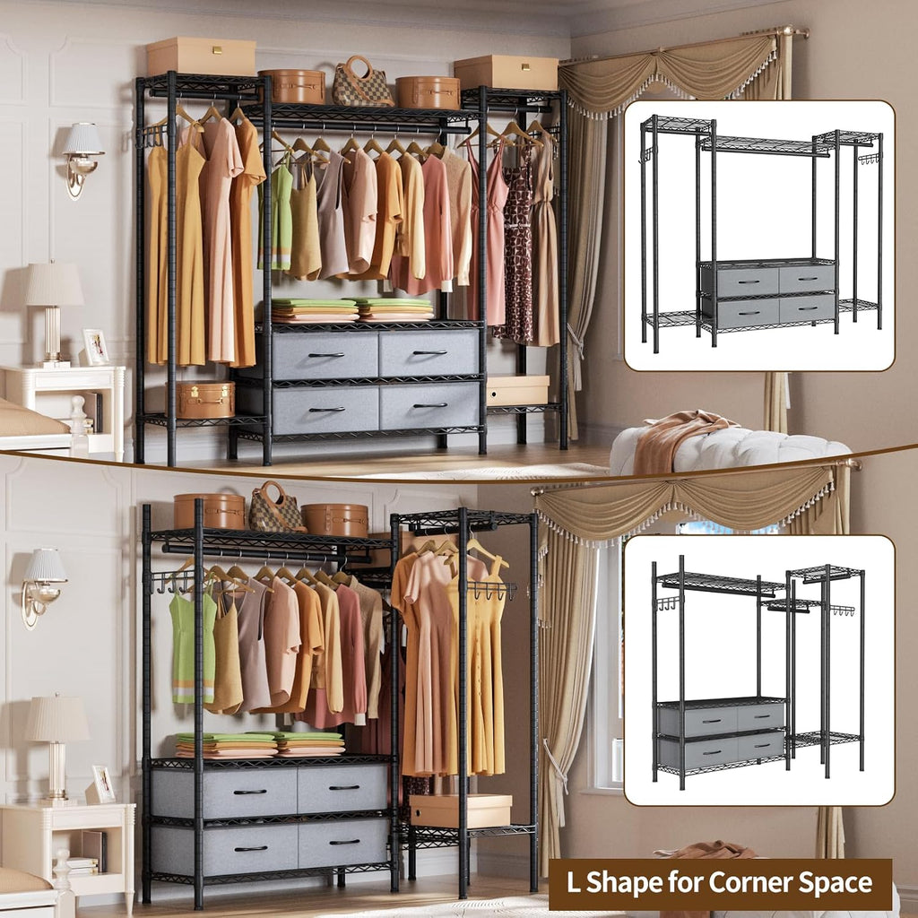 Golpart Heavy Duty Garment Rack Clothes Rack,Large Metal Closet Organizer System Storage Wardrobe,Freestanding Clothing Rack with 8 Adjustable Wire Shelves&3 Hang Rods,MaxLoad 900lbs