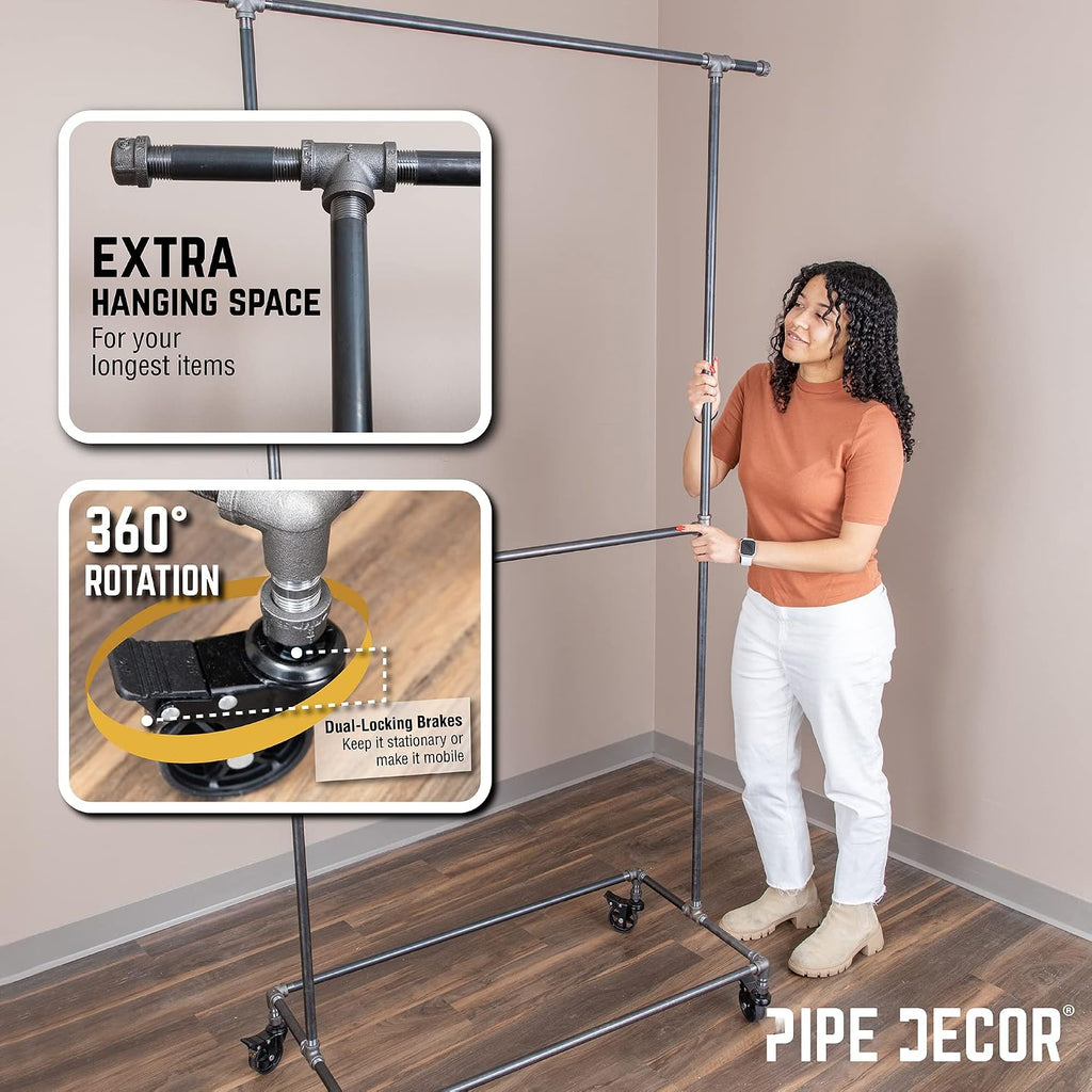 PIPE DECOR 39' x 20 ¼' x 82' Rolling Steel Pipe Double Rod Clothing Rack, Commercial or Residential Industrial Clothes Display, Heavy Duty Black Steel Metal Wheeled Garment Frame