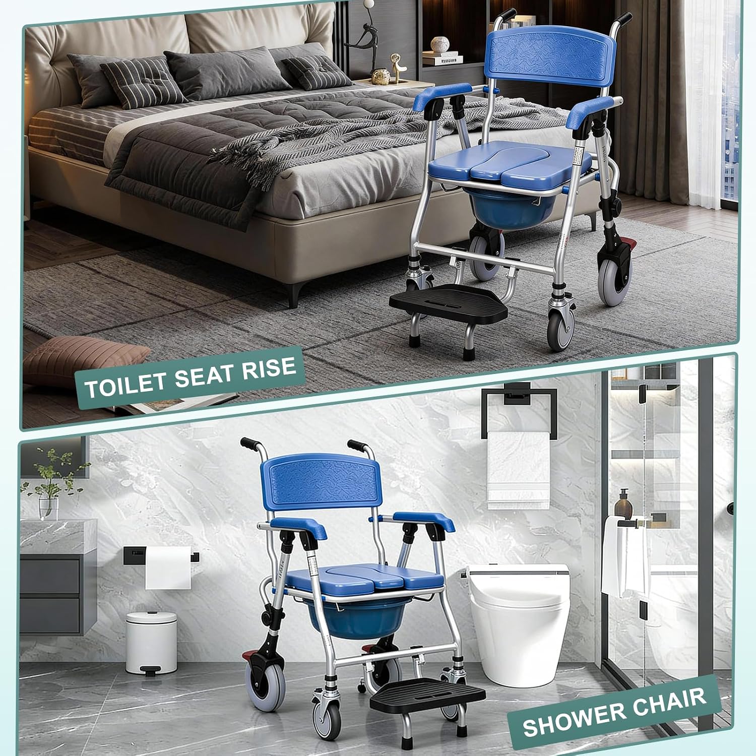 Bedside Commode with Wheels - Anti-Sponge Padded Seat, Foldable Mobile Toilet Shower Stool with 300 LBS Weight Capacity, Portable Toilet with Bucket for Elderly and Disabled