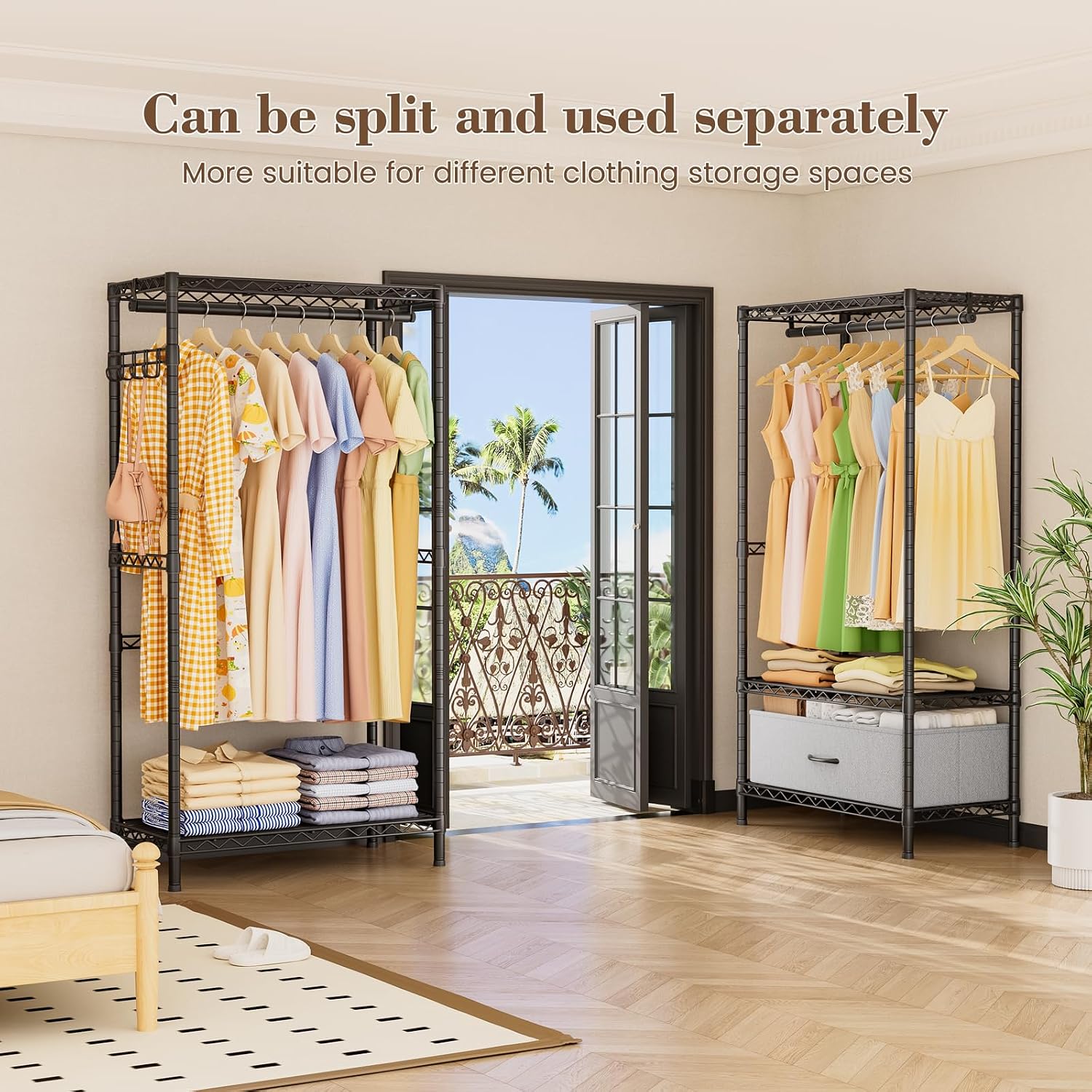 Golpart Coat Rack Clothes Wardrobe：Closet Organizer and Storage Clothing Garment Rack with Shelves Heavy Duty for Hanging Clothes Portable Adjustable Black 15.8' DX(70-88)' WX76.5 H