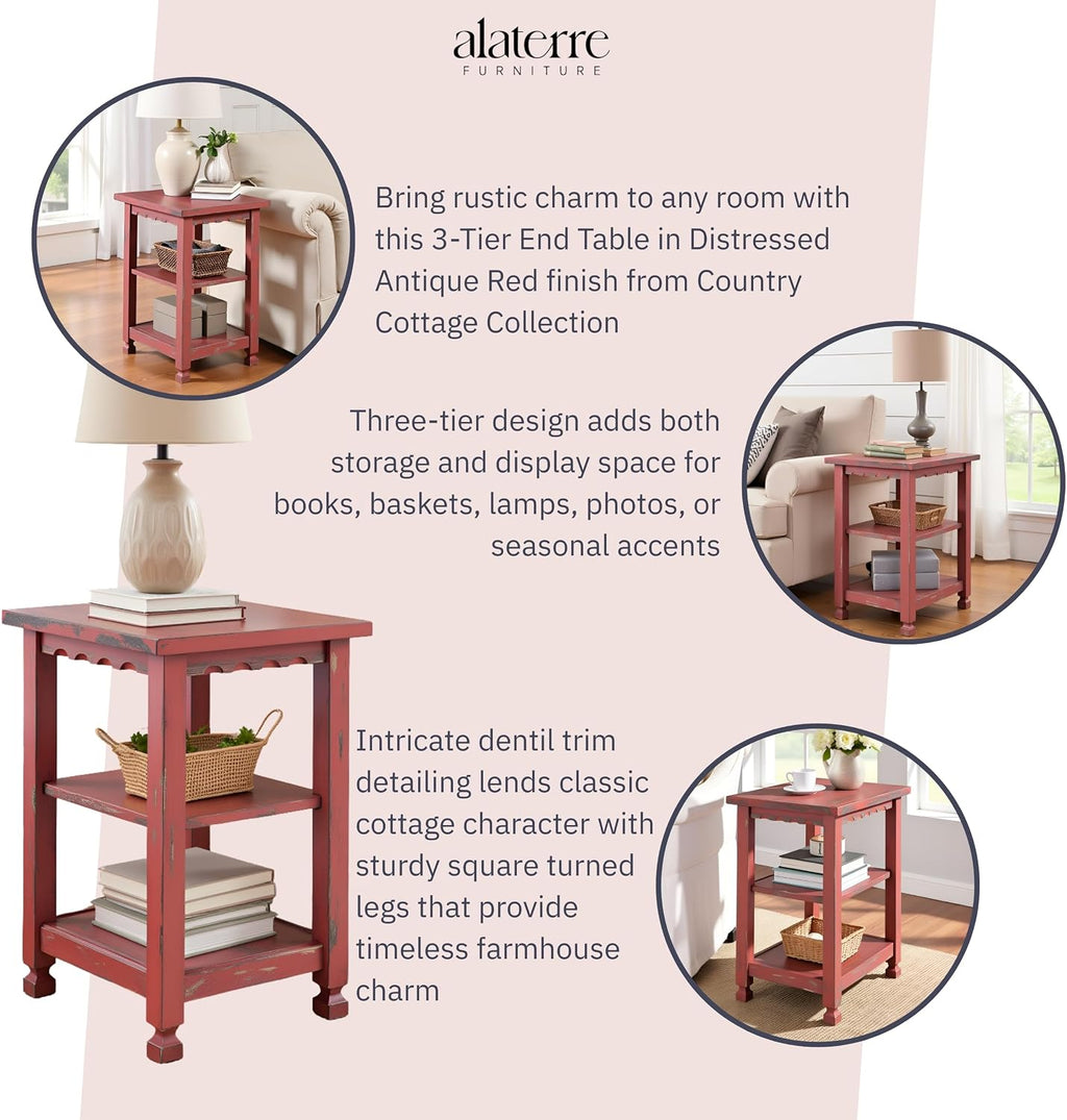Alaterre Furniture Country Cottage Rustic Farmhouse Nightstand – 3-Tier Narrow End Table with Weathered Faded Finish, Carved Edges, & Turned Legs (Distressed Antique Red)