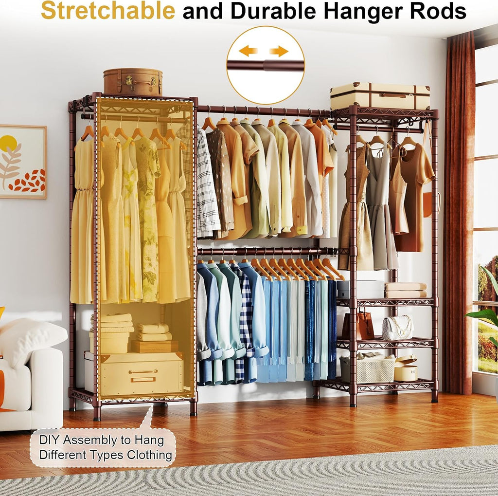 Ulif E7 Garment Rack, Heavy Duty Clothes Storage System with Extendable Hangers Rods, Metal Clothing Rack with 6 Wire Shelves, (52.3'-72') W x 14.5' D x 71.2' H, Load 838lbs, Bronze
