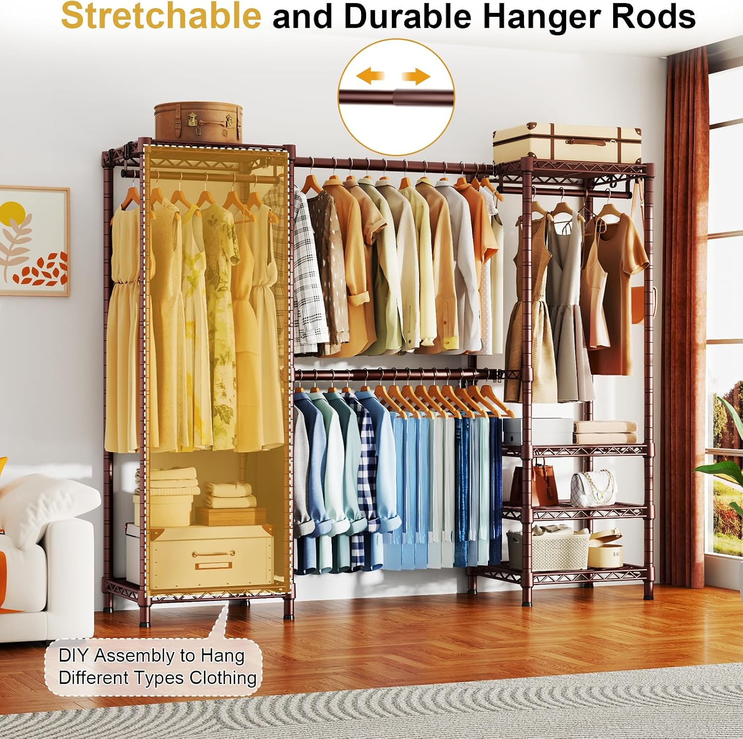 Ulif E7 Garment Rack, Heavy Duty Clothes Storage System with Extendable Hangers Rods, Metal Clothing Rack with 6 Wire Shelves, (52.3'-72') W x 14.5' D x 71.2' H, Load 838lbs, Bronze