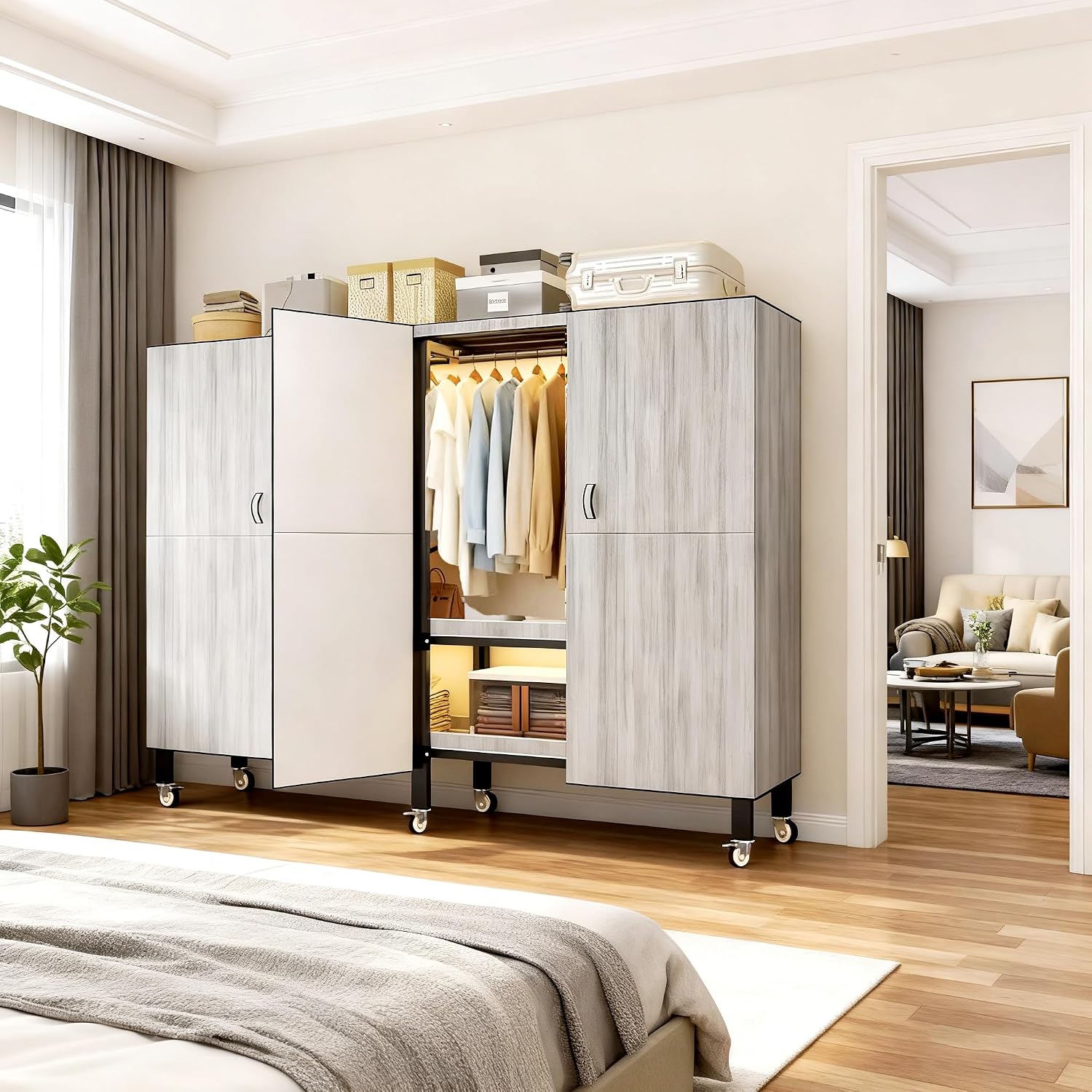 Foldable Portable Armoire Wardrobe Closet for Hanging Clothes Rack, Heavy Duty Covered Clothes Rack with Cover(HARDBOARD Magnetic), Closet Garment Rack for Bedroom Storage (KT Woodgrain Gray, 66.14in)