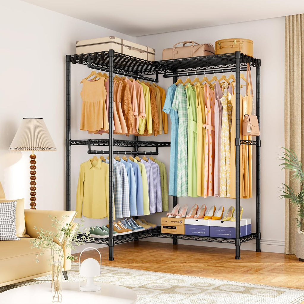 ULIFHOME E15 Garment Rack L Shaped Clothes Rack for Corner，Freestanding Clothing Racks for Hanging Clothes，Heavy Duty Closet Organizer with 4 Hanging Rods & 8 S Hooks，43.4' W x 15.8' D x 78.4' H，Black