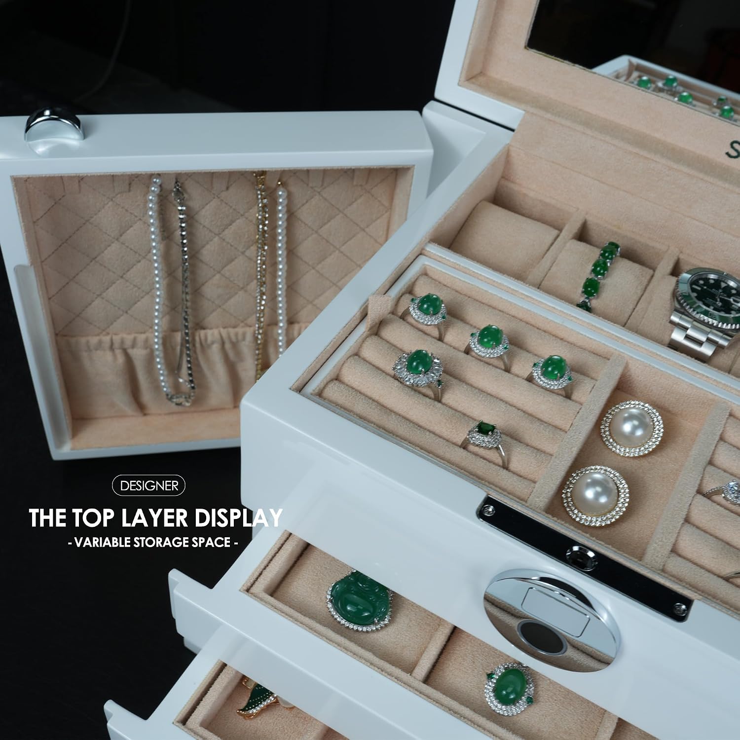 White Wood Jewelry Box, Large Size, Fingerprint Unlock, Seven Level Jewelry Organizer with Necklace Hanger and Mirror, High Gloss Lacquer Finish (5L-WT)