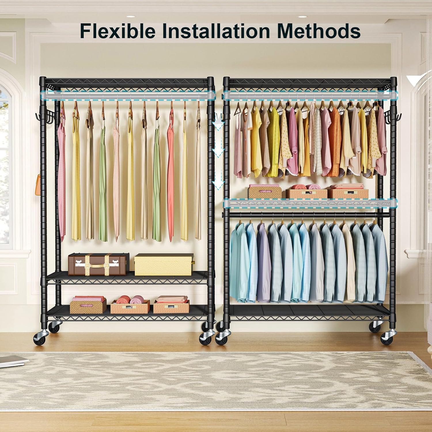 FUTASSI P1 Plus Rolling Clothes Rack, 22mm Diameter Heavy Duty Garment Rack with Wheels, Portable Closet Wardrobe with Double Rods, 45' W x 17.7' D x 80.5' H, Max Load 524 LBS, Black