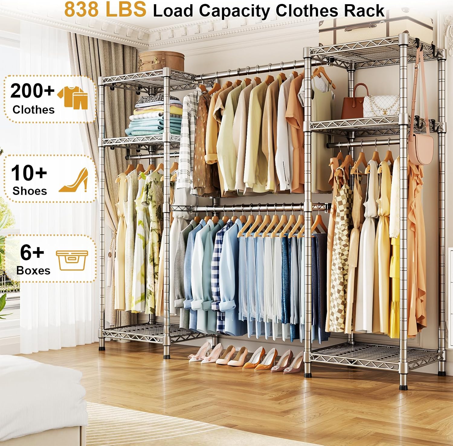Ulif E7 Garment Rack, Heavy Duty Clothes Storage System with Extendable Hangers Rods, Metal Clothing Rack with 6 Wire Shelves, (52.3'-72') W x 14.5' D x 71.2' H, Load 838lbs, Chrome