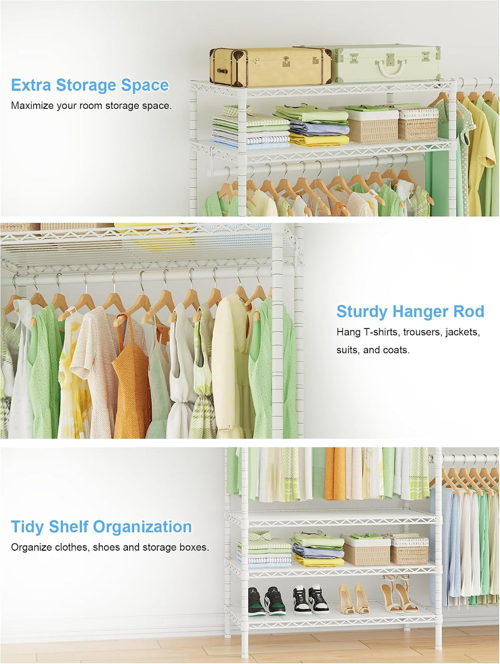 Ulif E11 Heavy-Duty Garment Rack, Metal Freestanding Clothes Rack and Closet Storage Organizer with 8 Shelves and 4 Hanger Rods, (73.2-97.6)' W x 14.5' D x 71.2' H, Load 1034 LBS, White