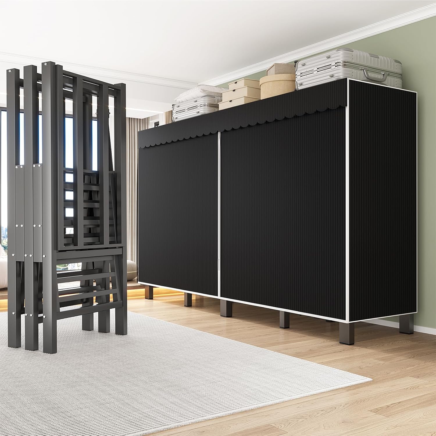 FPIGSHS Heavy Duty Clothes Rack with Cover Foldable Covered Clothes Rack for Hanging Clothes portable Wardrobe Closet System Freestanding Coat Storage Garment Racks for bedroom (black, 59in)