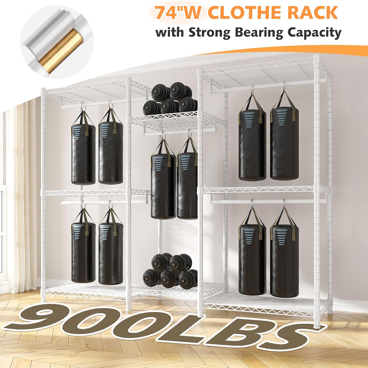 Raybee Clothing Rack with Cover Heavy Duty Clothes Rack with Shelves,Portable, Adjustable,Metal,Max Load 900lbs,White