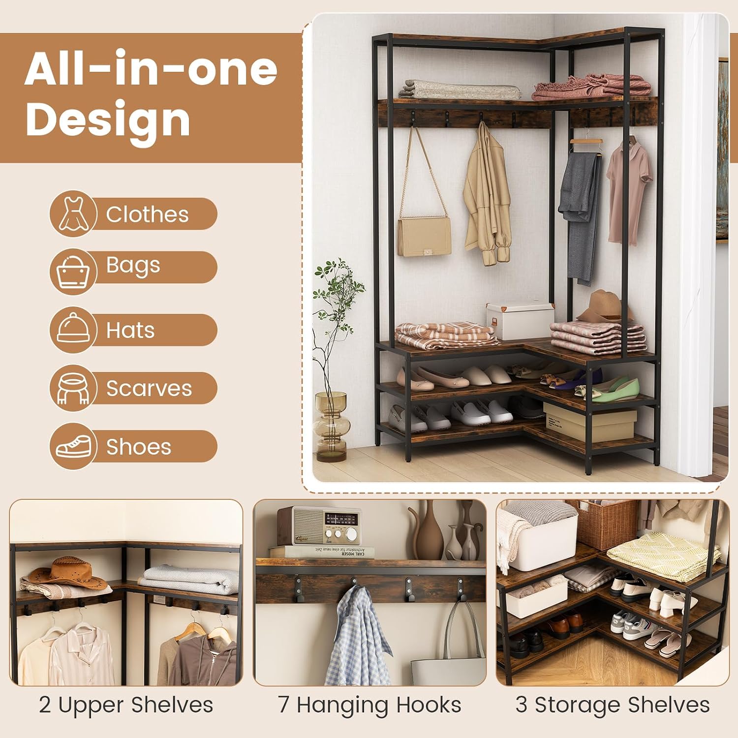 Giantex Corner Coat Rack with Shoe Bench, L-Shaped Garment Rack with 5 Shelves & 7 Hooks, Heavy Duty Freestanding Clothes Rack Entryway Bench with Shoes Organizer for Hallway (Rustic Brown & Black)