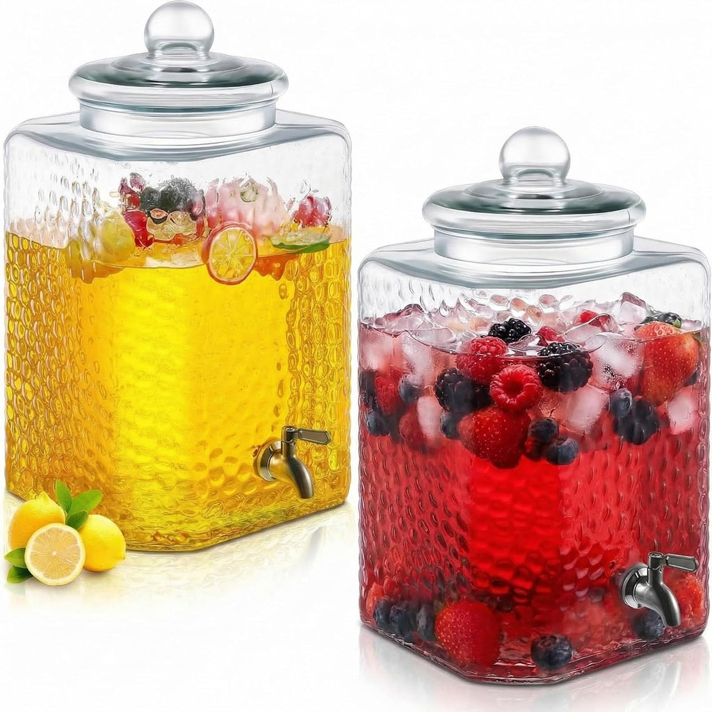 2 Pack 5 Gallon Glass Water Drink Dispenser for Party, Hammered Glass Beverage Dispenser, Water Jug Container with Stainless Steel Spigot for Parties, Weddings, Catering, Lemonade, Iced Tea