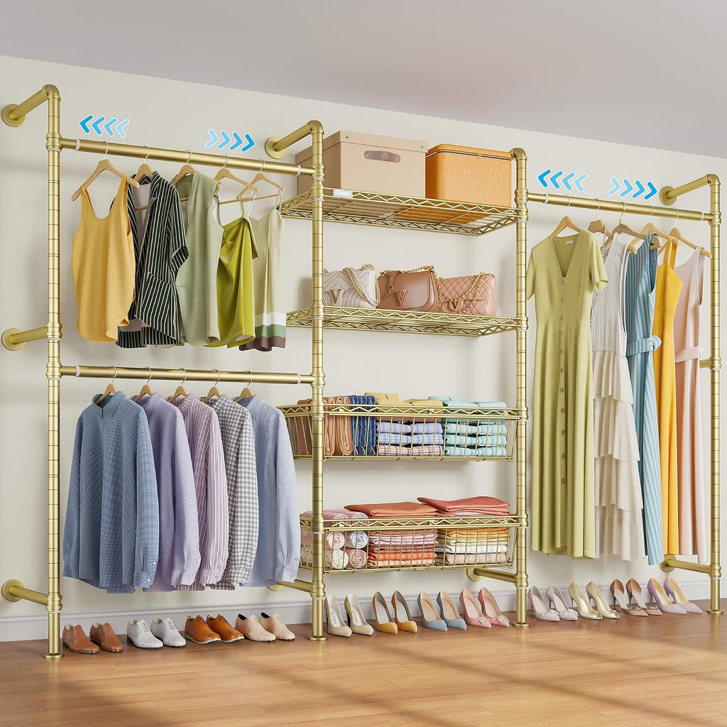 Timate X3 Expandable Heavy Duty Clothes Rack Wall Mounted Clothing Rack for Hanging Clothes, Industrial Pipe Closet System for Walk in Closet Kit, Wall Mount Clothes Rack with Basket, Gold Wall Closet