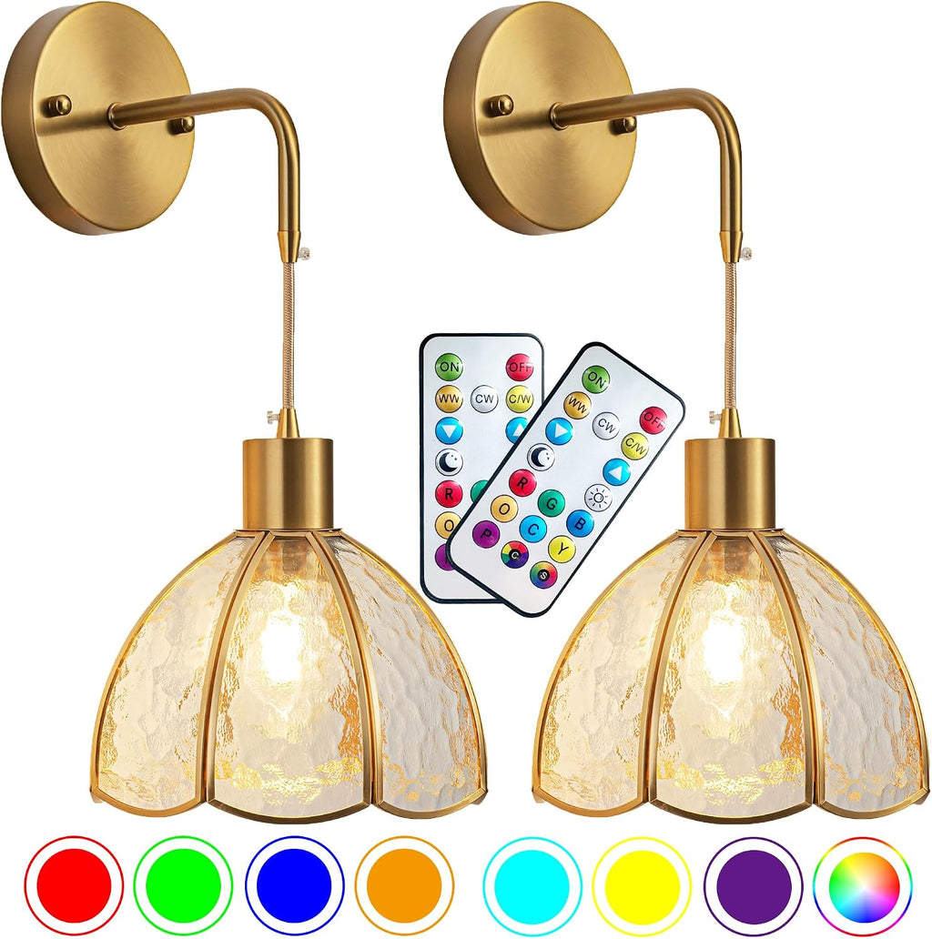 Battery Operated Wall Sconces Set Of Two, Indoor Not Hardwired Battery Wall Light With Remote Control, RGB Color Changing Dimmable Battery Powered Wall Lamp For Bedroom, Easy To Install, Bulb Included