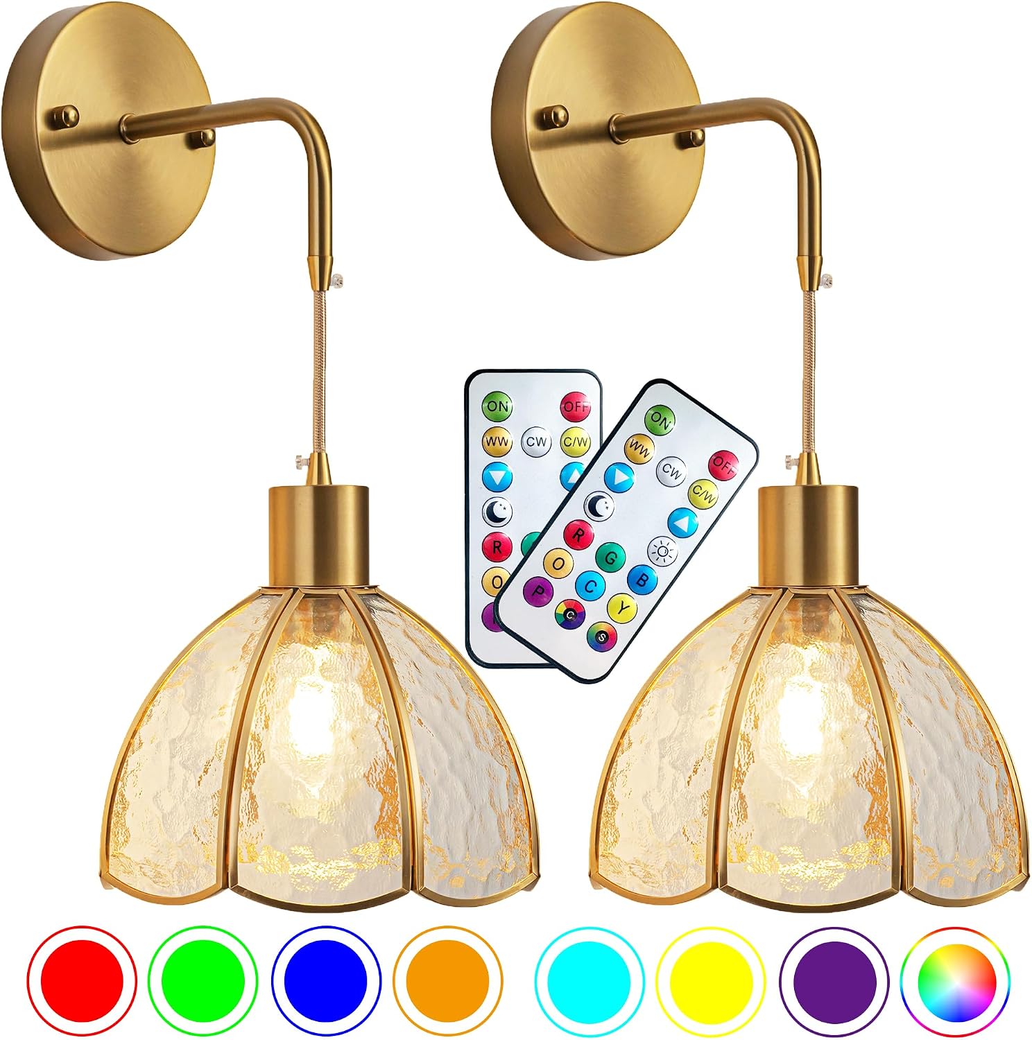 Battery Operated Wall Sconces Set Of Two, Indoor Not Hardwired Battery Wall Light With Remote Control, RGB Color Changing Dimmable Battery Powered Wall Lamp For Bedroom, Easy To Install, Bulb Included