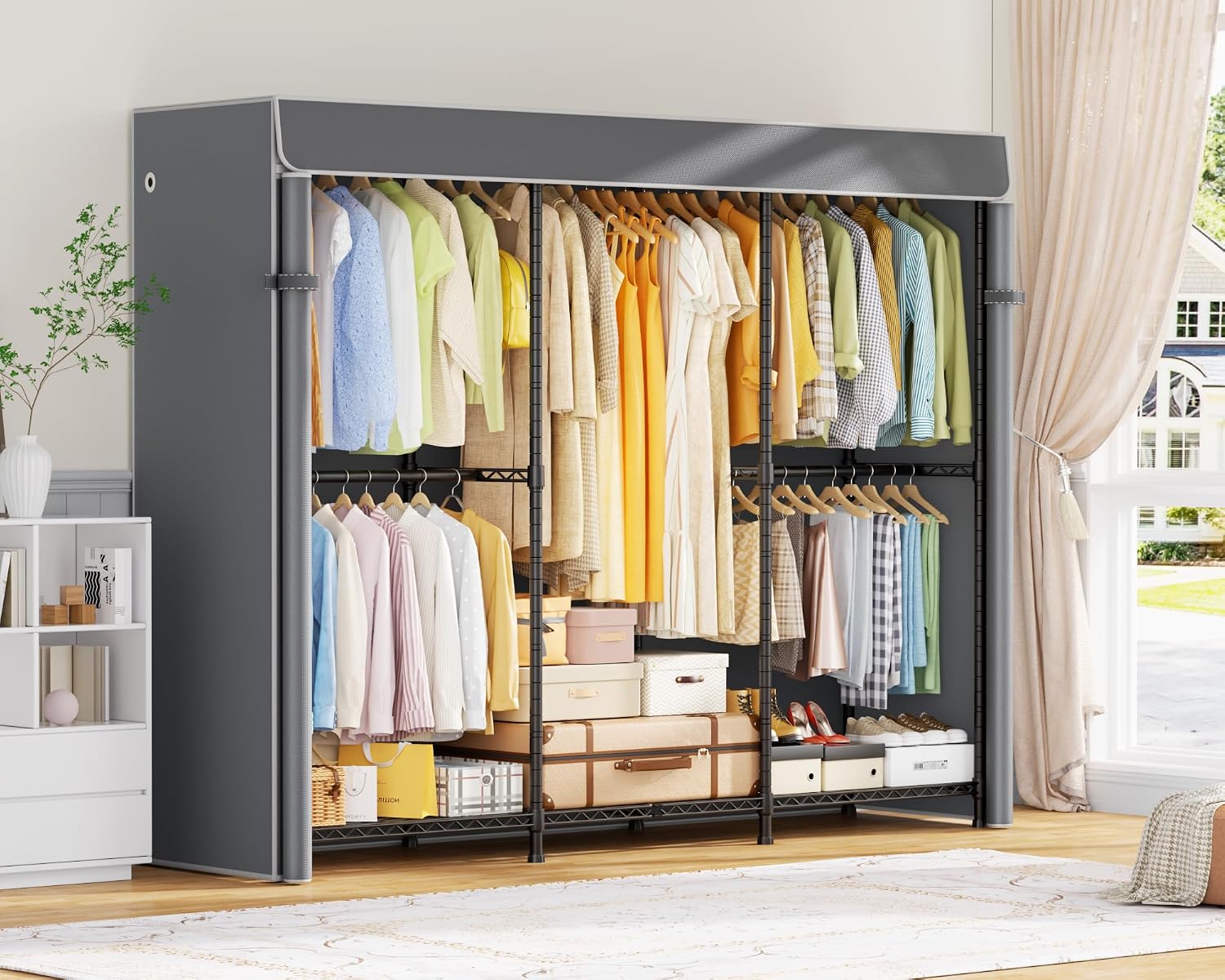 ULIFHOME E14C Pro Heavy Duty Closet Organizer System，Freestanding Clothing Racks for Hanging Clothes，Adjustable Garment Rack 69' W × 16' D × 77' H Hold 960 lbs，Black Rack with Grey Dustproof Cover