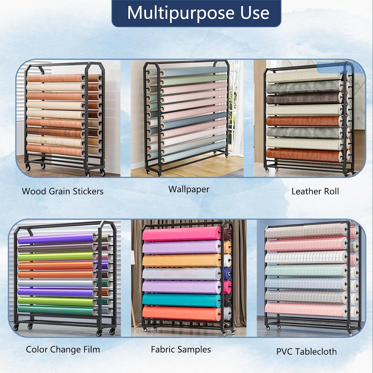 14 rods Commercial Fabric Roll Storage Rack, Large Textile Fabric Display Rack with Adjustable Hanging Rod, Movable Organizer Holder for Vinyl Roll/Leather Roll/Curtain Studio/Wallpaper (14 rods)