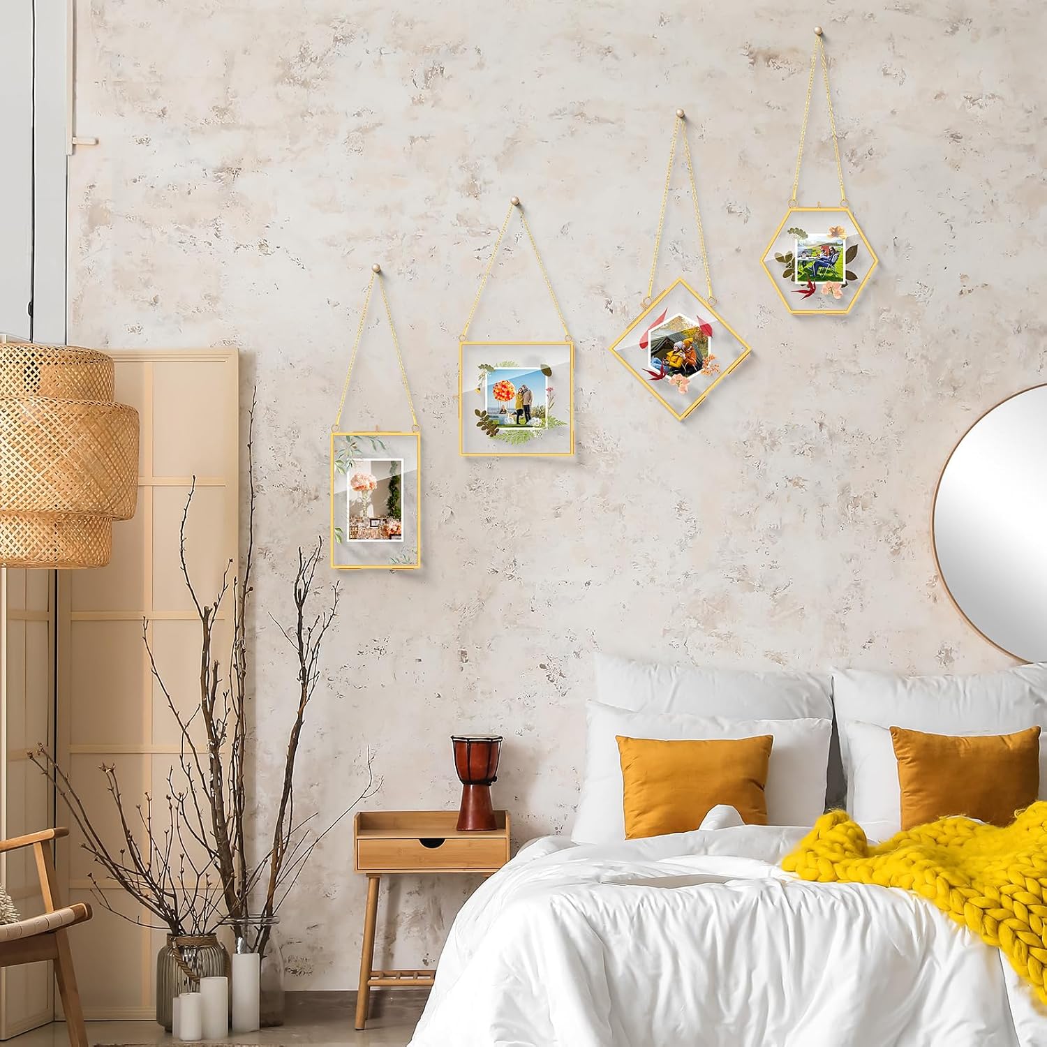 Soaoo 24 Pcs Brass Glass Frame for Pressed Flowers with Chain Clear Double Glass Floating Artwork Display Frame for Wall Decor with Dried Plant Leaf, 6 Shapes (Gold)