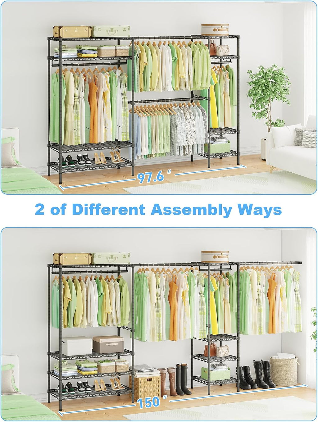 Ulif E11 Heavy-Duty Garment Rack, Metal Freestanding Clothes Rack and Closet Storage Organizer System with 8 Shelves and 4 Hanger Rods, (73.2-97.6)' W x 14.5' D x 71.2' H, Load 1034 LBS, Black