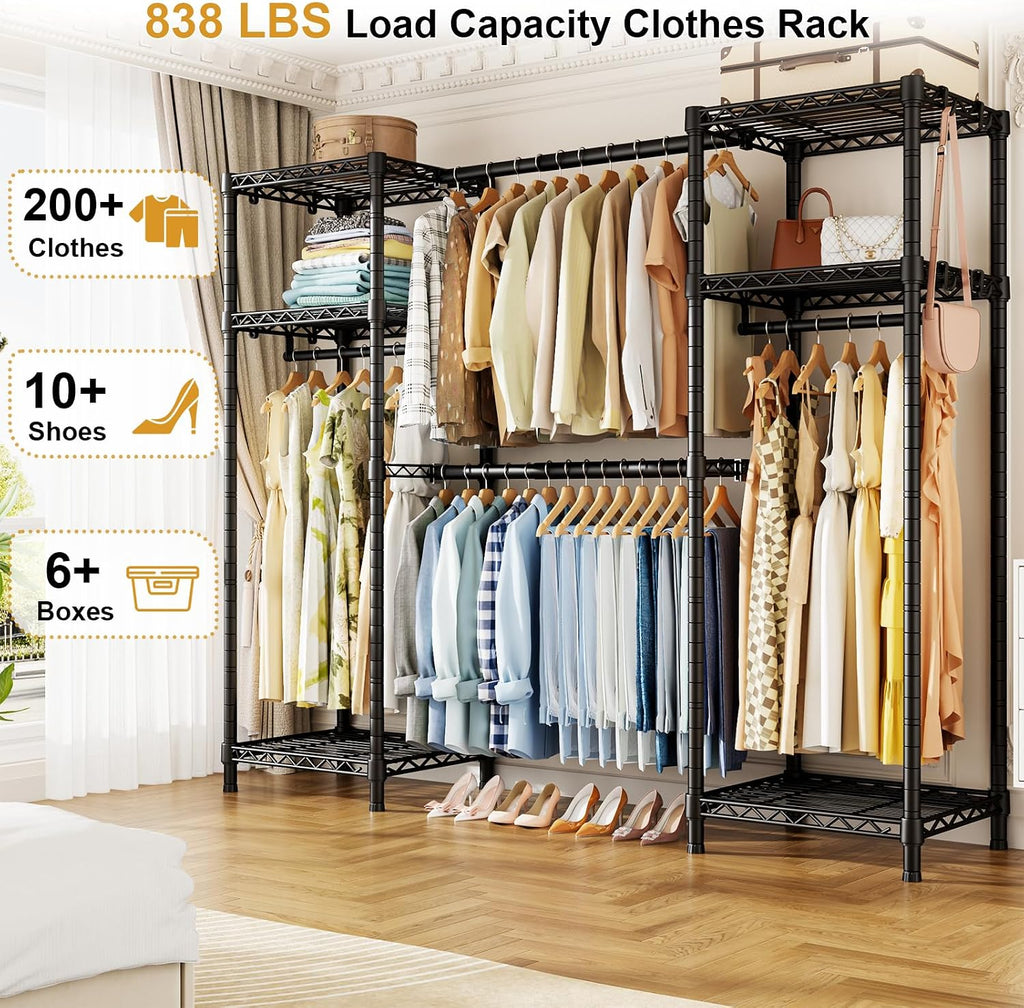 Ulif E7 Garment Rack, Heavy Duty Clothes Storage System with Extendable Hangers Rods, Metal Clothe Rack with 6 Wire Shelves, (52.3'-72') W x 14.5' D x 71.2' H, Load 838 LBS