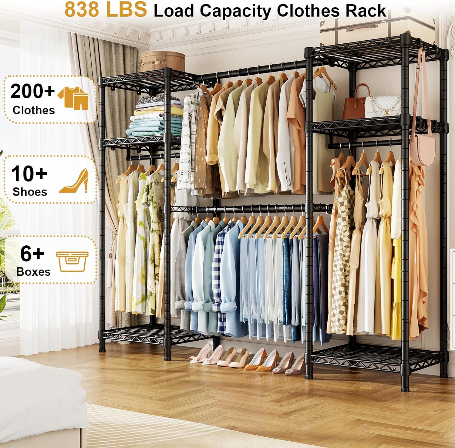 Ulif E7 Garment Rack, Heavy Duty Clothes Storage System with Extendable Hangers Rods, Metal Clothe Rack with 6 Wire Shelves, (52.3'-72') W x 14.5' D x 71.2' H, Load 838 LBS