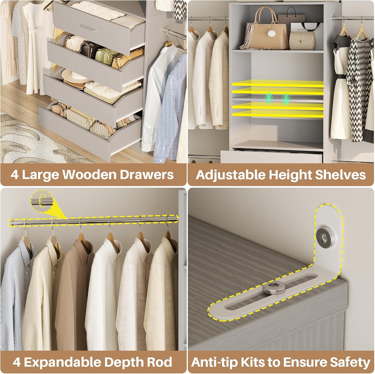 Aheaplus Closet System, 4-9Ft Closet Organizer with 4 Wooden Drawers, Wood Closet Organizer System with Tower, Walk-in Closet Organizer Wardrobe Garment Clothes Rack with 4 Hanging Rods, Grey