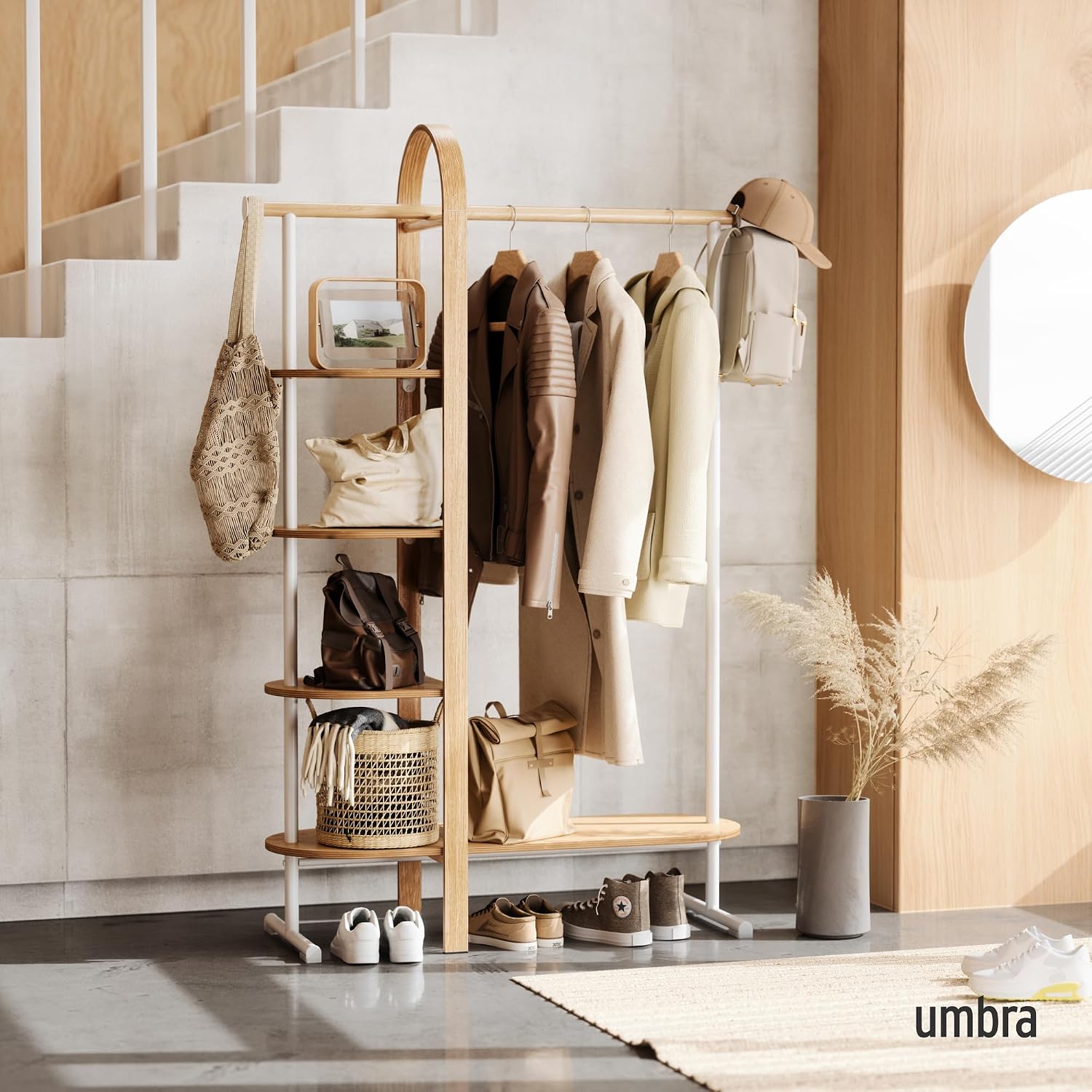Umbra Bellwood Garment Rack Clothes Stand for Clothing, Coats, Dresses, with Shelf for Shoes and Accessories, White/Natural