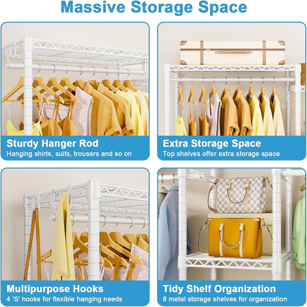 Ulif E4 Clothes Rack, Heavy-Duty Garment Rack, Metal Freestanding Clothing Organization Storage System Can Be L-shaped with Shelves and Hangers, Max Load 962lbs, 71.6' W x 14.5' D x 79.3' H, White