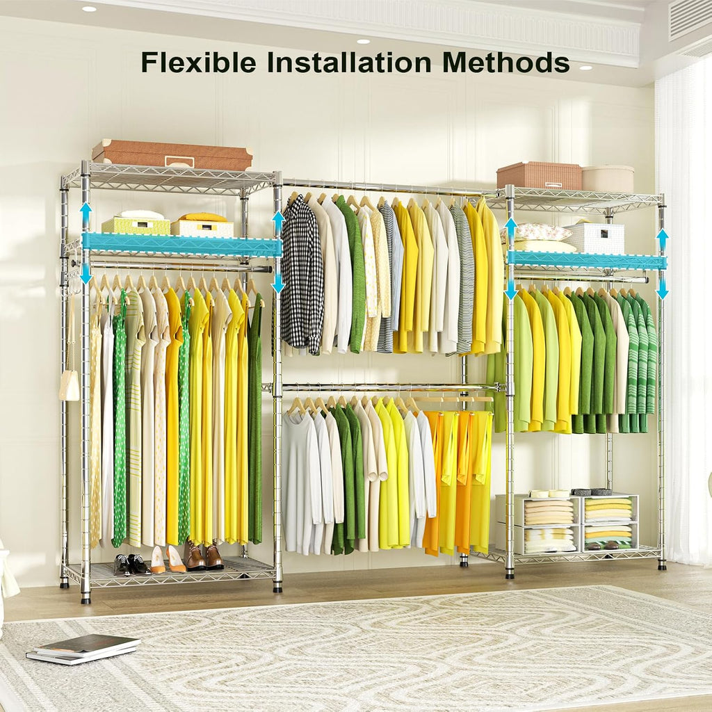 Ulif E1 Heavy Duty Closet Garment Rack, 6 Tiers Adjustable Metal Freestanding Expandable Clothing Storage with 4 Hanger Rods, Easy to Assemble Wardrobe, 71.4' H x (70' - 88.2') L x 14' D, Chrome